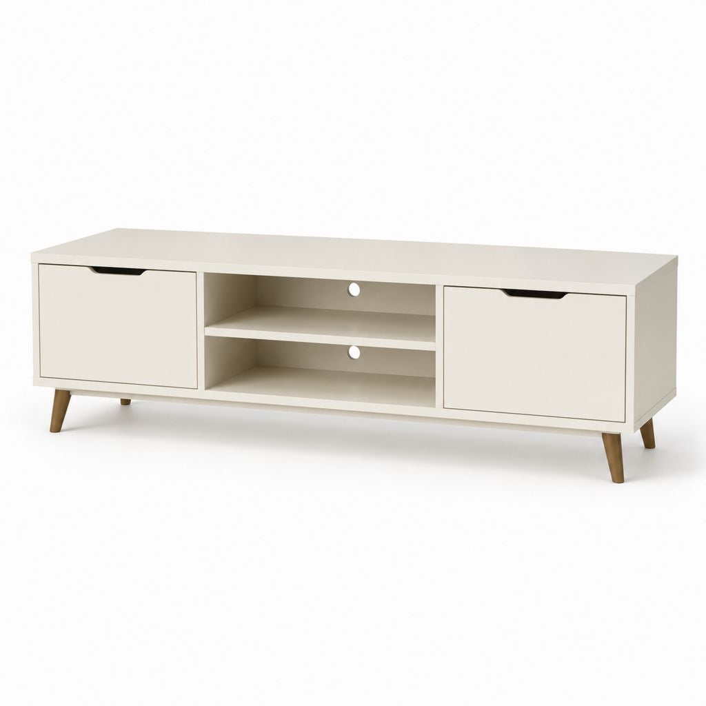 Meuble TV 160 cm blanc en MDF rectangulaire avec 2 portes et 2 niches L160 x P40 x H50 cm
