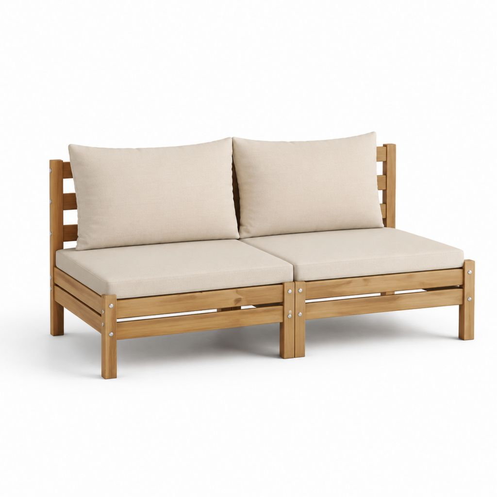 Canapé de jardin 2 places beige en bois massif d'acacia avec coussins 140 x 70 x 60 cm
