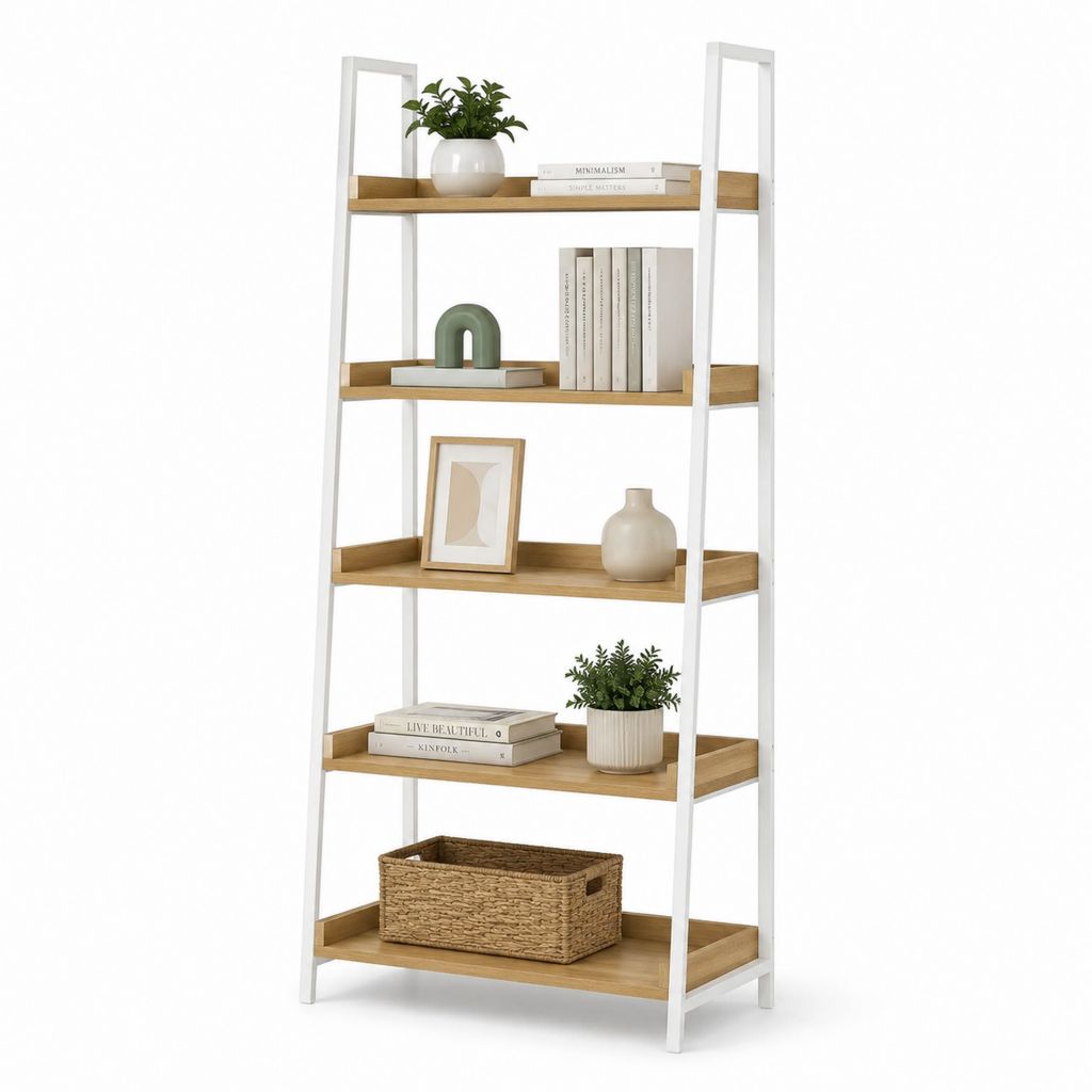 Étagère bibliothèque 5 niveaux blanche et chêne en acier et panneaux MDF 80 x 35 x 180 cm