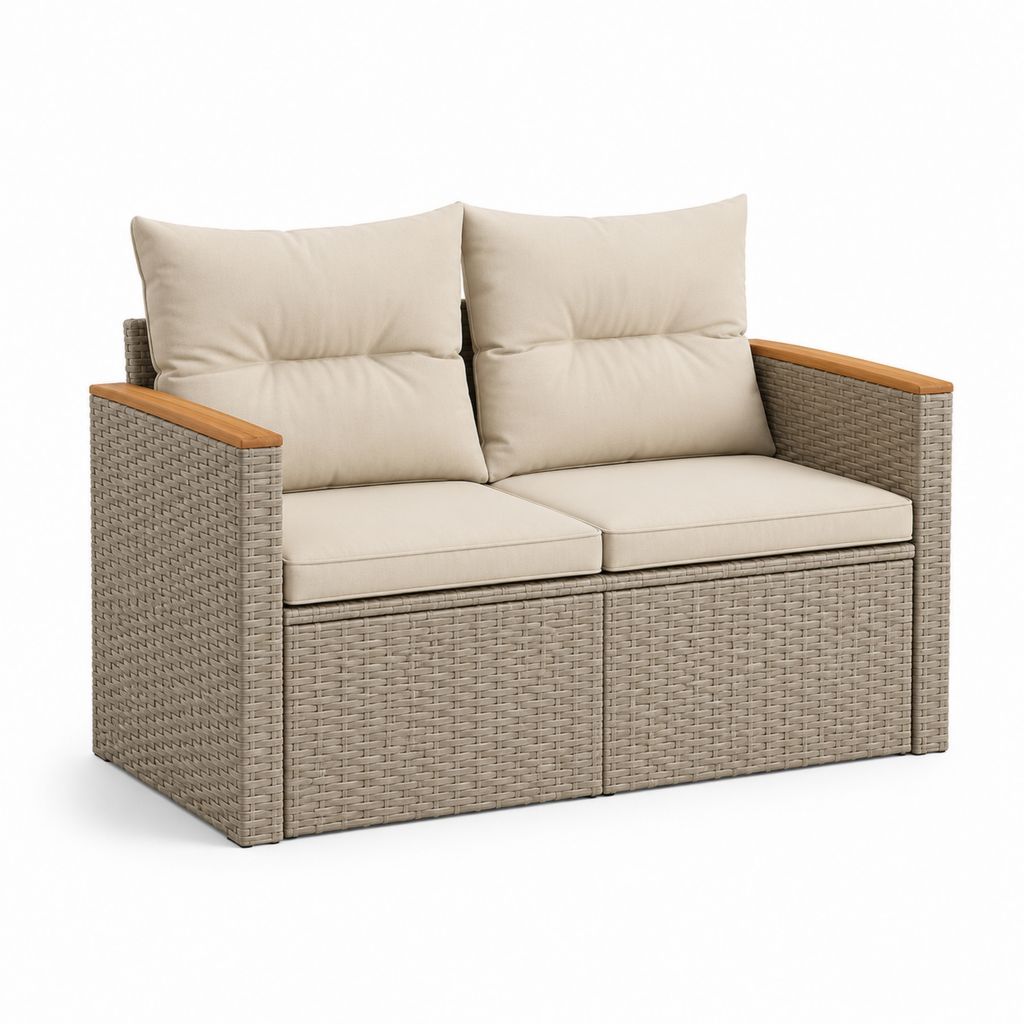 Canapé de jardin 2 places beige en résine tressée PE avec coussins 128 x 75 x 85 cm