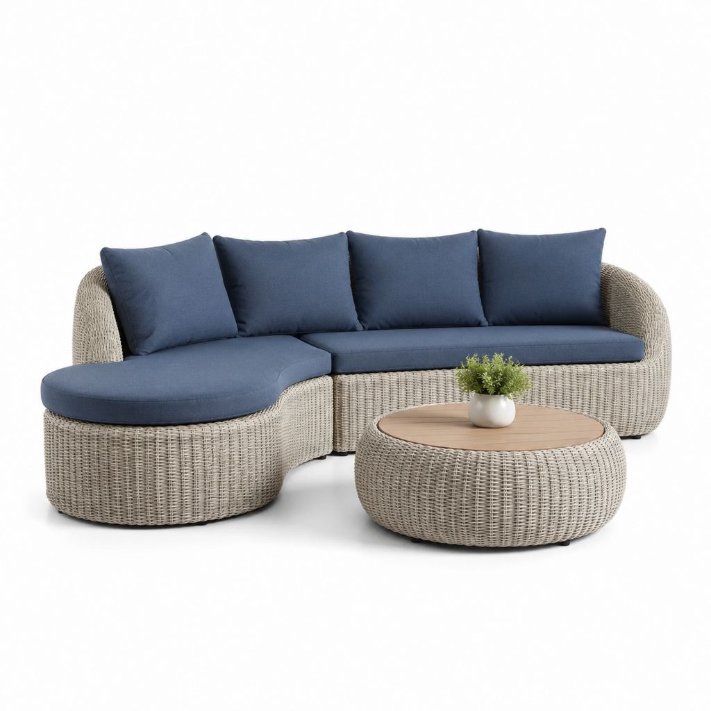 Salon de jardin modulable 3 pièces beige et bleu en résine tressée avec coussins 280 x 150 x 78 cm