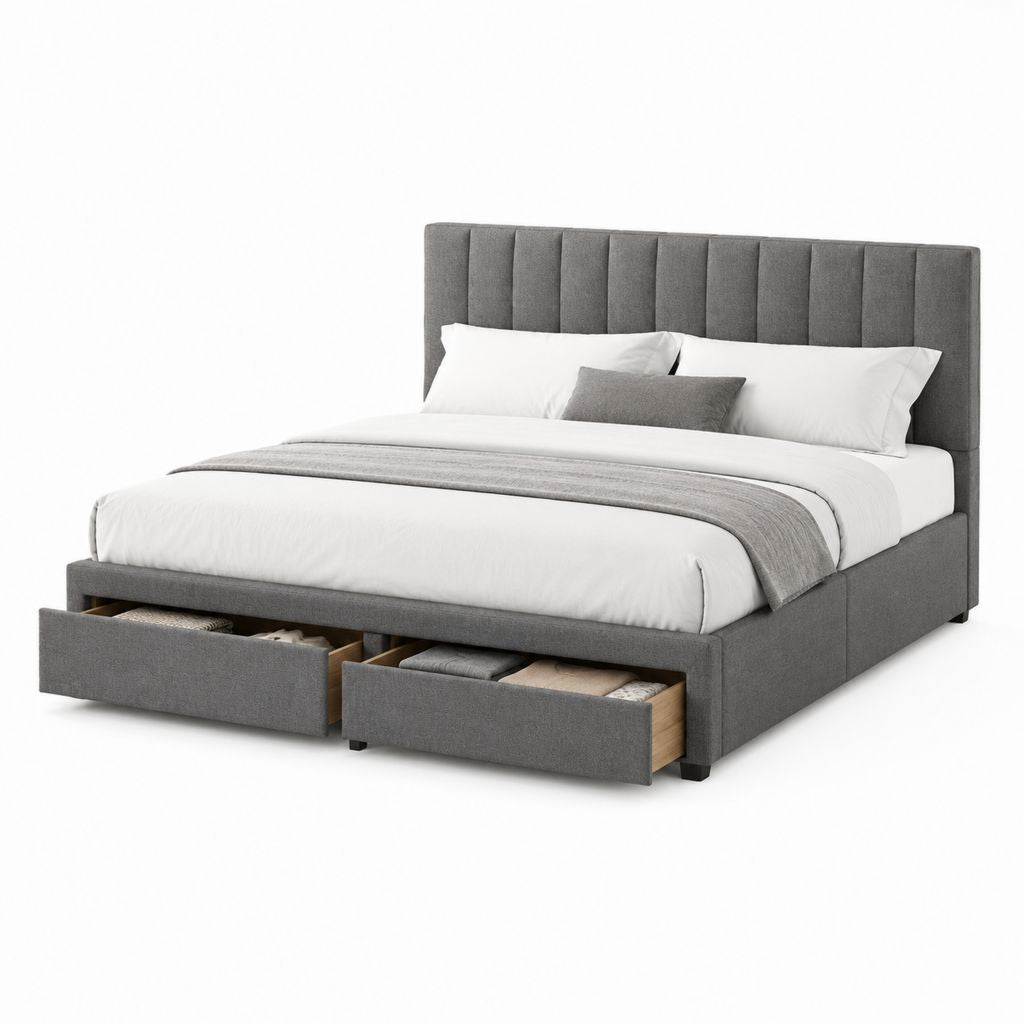Lit double avec rangement gris en polyester 160 x 200 cm