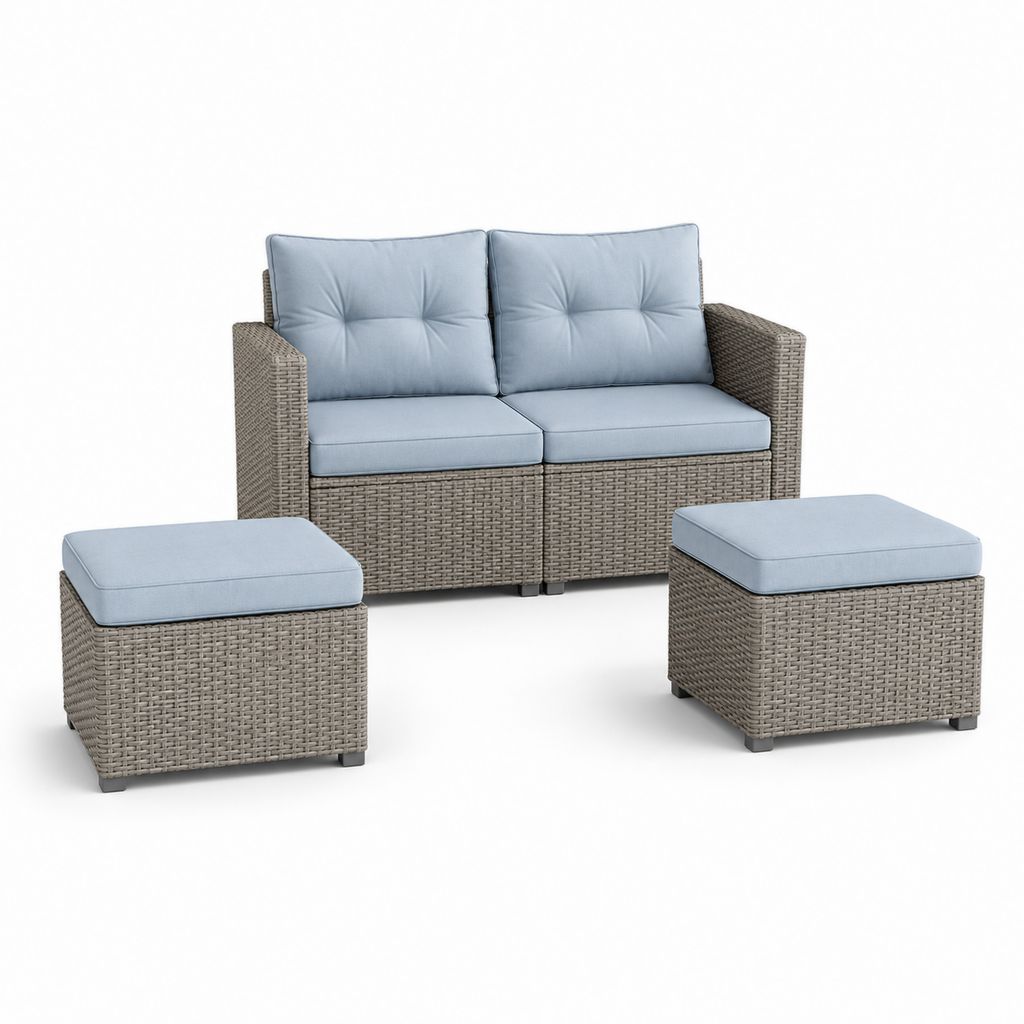 Salon de jardin 4 pièces avec canapé 2 places et 2 poufs gris en rotin PE 124 x 70 x 74 cm
