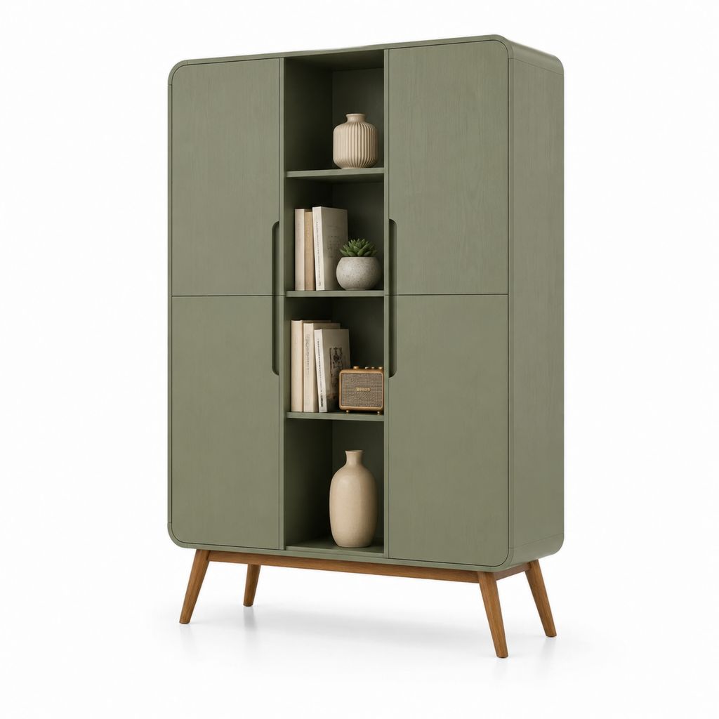 Bibliothèque vitrine vert sauge en panneaux MDF et bois massif 180 x 100 x 40 cm