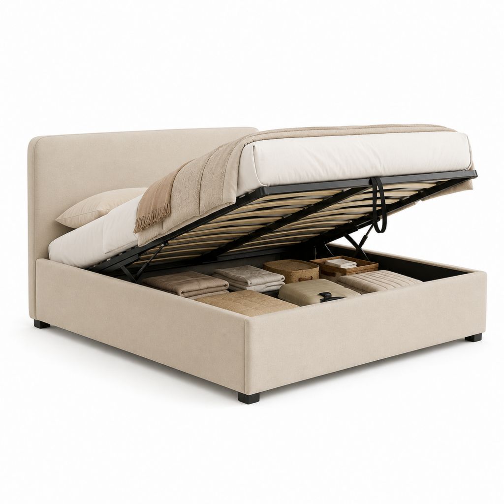 Lit coffre double 160 x 200 cm beige en polyester avec sommier relevable