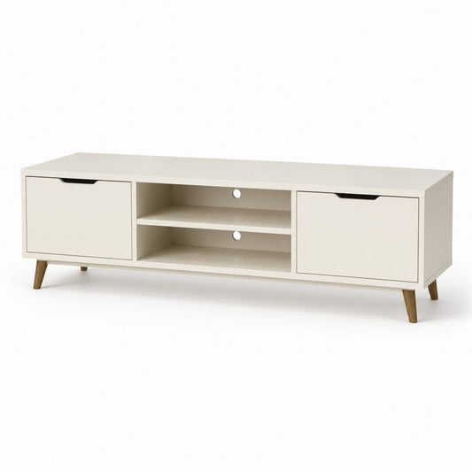 Meuble TV 160 cm blanc en MDF rectangulaire avec 2 portes et 2 niches L160 x P40 x H50 cm
