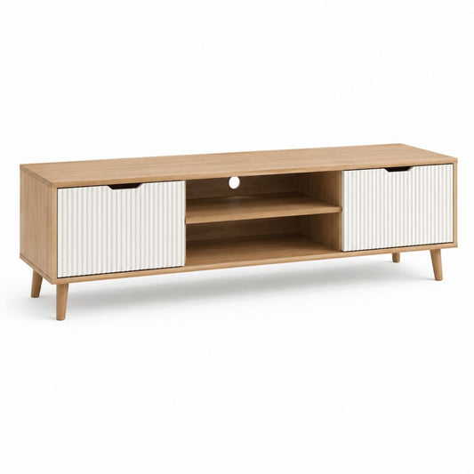 Meuble TV 160 cm chêne clair et blanc en panneaux de particules avec 2 portes coulissantes