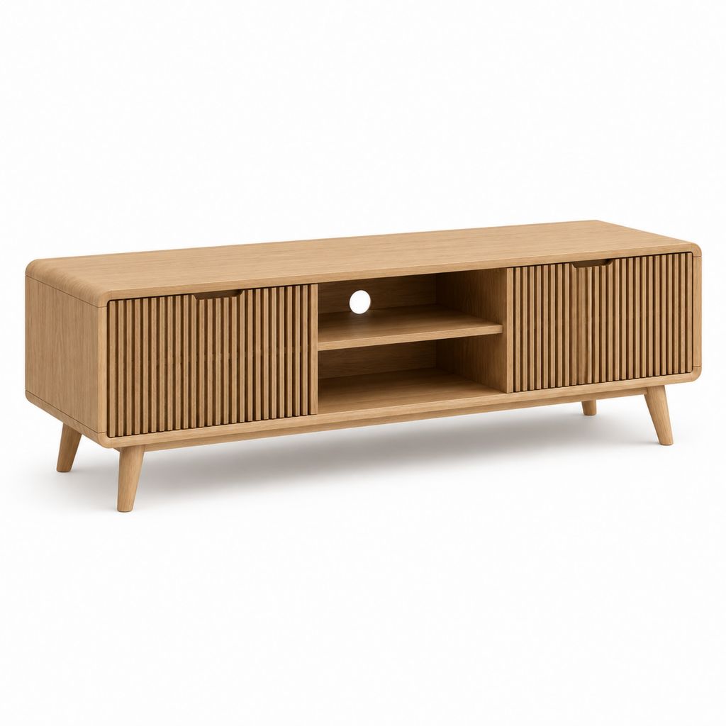 Meuble TV 140 cm chêne clair en panneaux MDF rectangulaire avec portes coulissantes