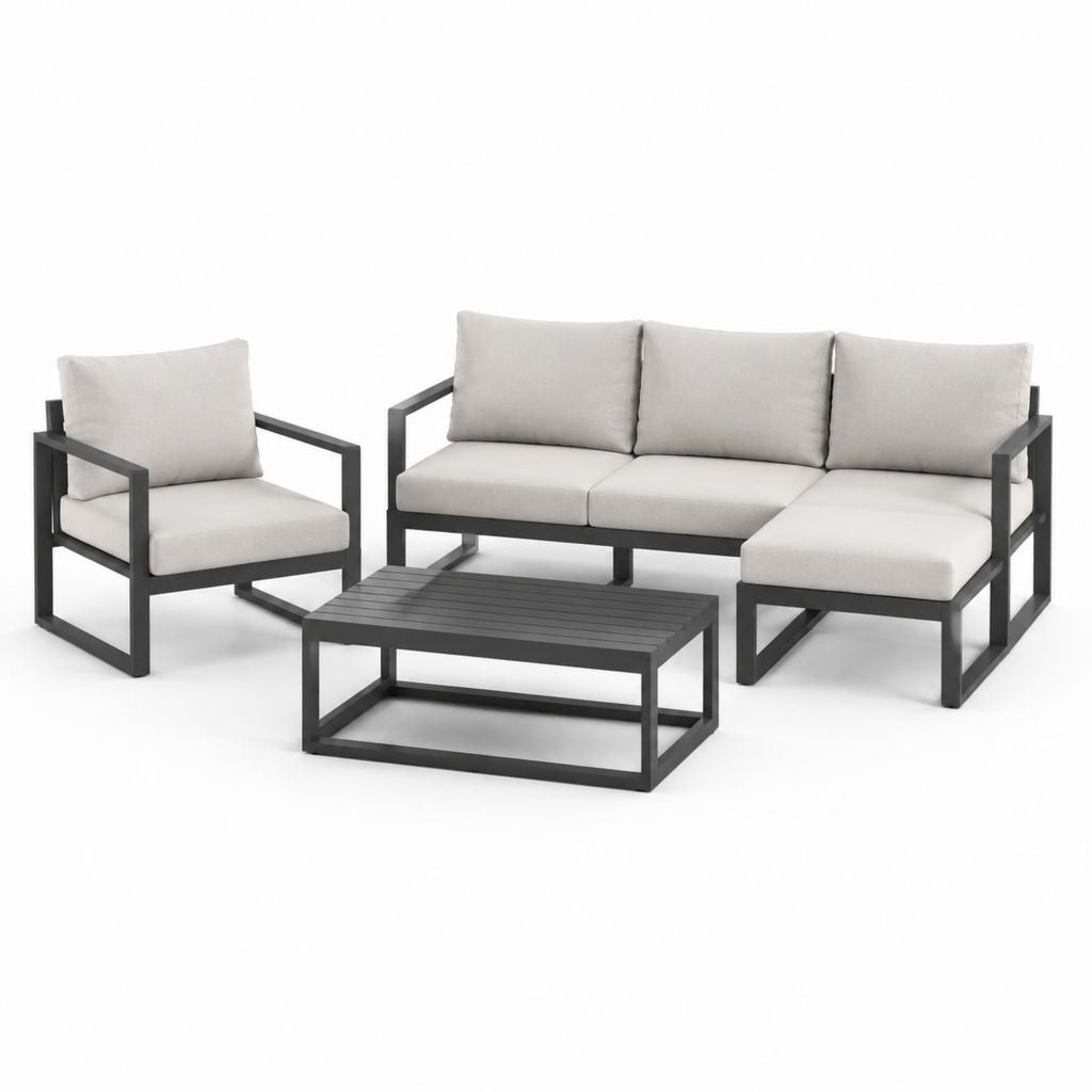 Salon de jardin 3 pièces avec canapé d'angle fauteuil et table basse noir gris en aluminium et polyester 200 x 140 x 65 cm