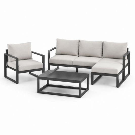 Salon de jardin 3 pièces avec canapé d'angle fauteuil et table basse noir gris en aluminium et polyester 200 x 140 x 65 cm