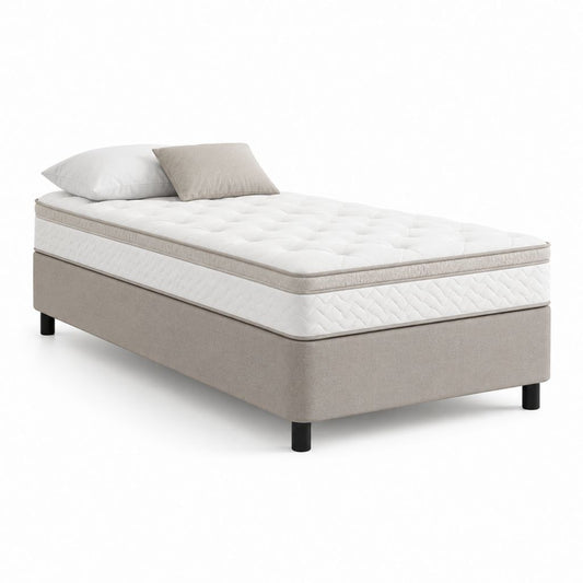Lit à ressorts 1 place beige en polyester avec matelas 90 x 190 cm