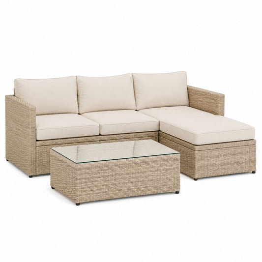 Salon de jardin d'angle 3 places avec table basse beige en résine tressée et verre 200 x 140 x 65 cm
