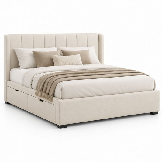 Lit coffre avec 2 tiroirs beige en polyester 160 x 200 cm