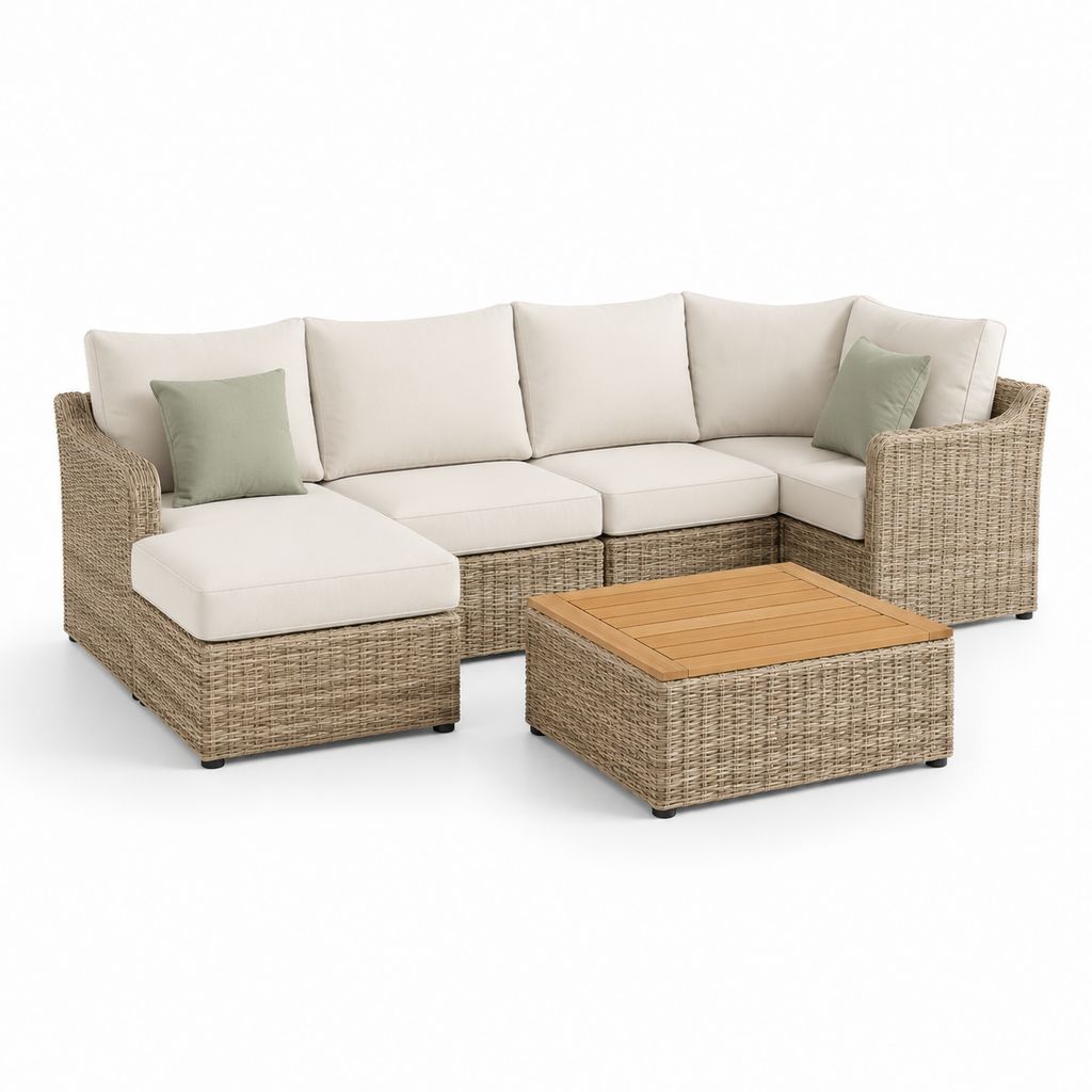 Salon de jardin d'angle 4 places avec table basse beige et taupe en résine tressée PE 240 x 190 x 85 cm