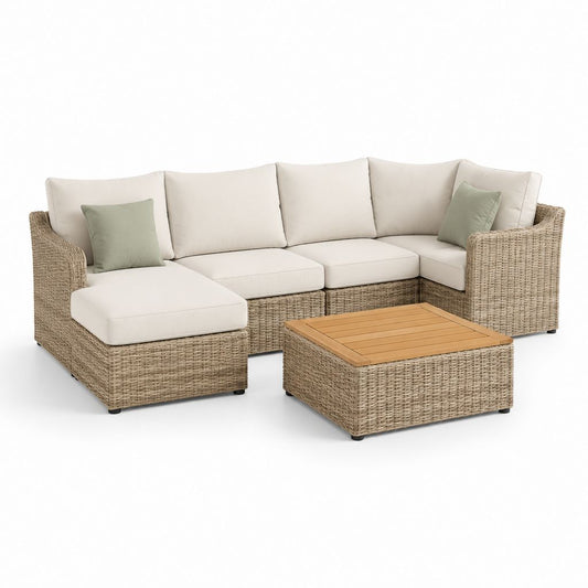 Salon de jardin d'angle 4 places avec table basse beige et taupe en résine tressée PE 240 x 190 x 85 cm