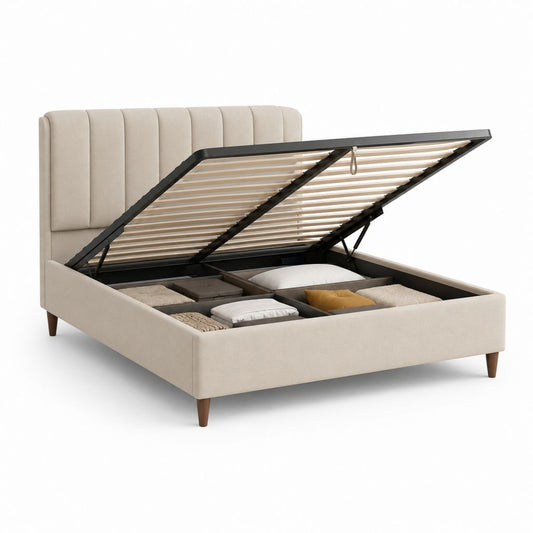 Lit coffre 160 x 200 cm beige en polyester rectangulaire avec sommier relevable