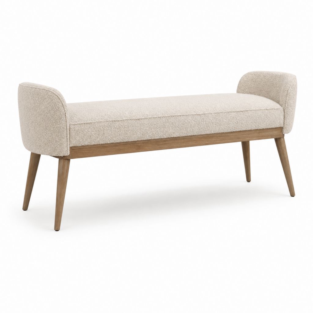 Banc de bout de lit rectangulaire beige en polyester bouclette et bois massif 120 x 40 x 55 cm
