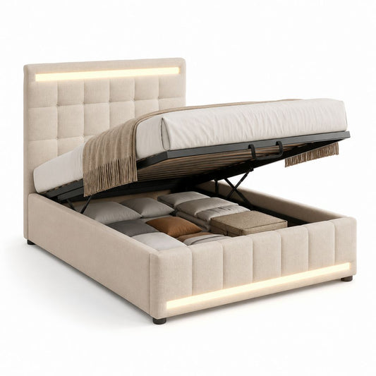 Lit coffre 160 x 200 cm beige en polyester et acier rectangulaire avec LED