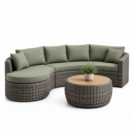 Salon de jardin 4 places 3 pièces en résine tressée grise avec coussins vert olive et table ronde 260 x 150 x 78 cm