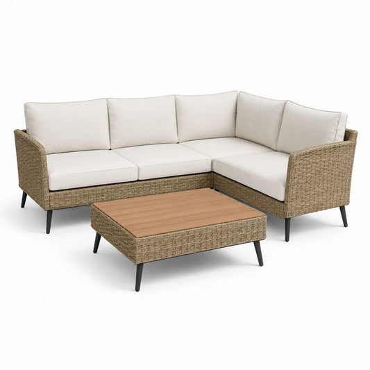 Salon de jardin d'angle 5 places avec table basse en résine tressée PE beige et brun 220 x 220 x 75 cm
