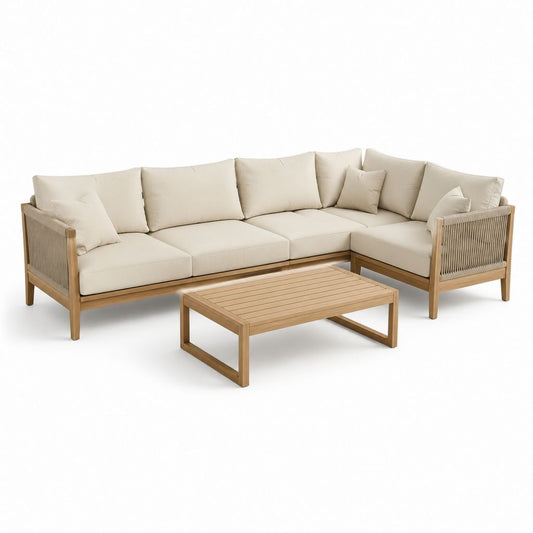 Salon de jardin d'angle 5 places beige en acacia massif avec coussins polyester et table basse rectangulaire 265 x 205 x 78 cm