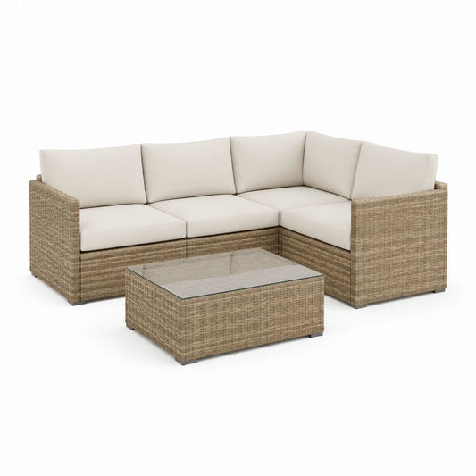 Salon de jardin d'angle 4 places beige en résine tressée PE avec table basse 210 x 210 x 75 cm