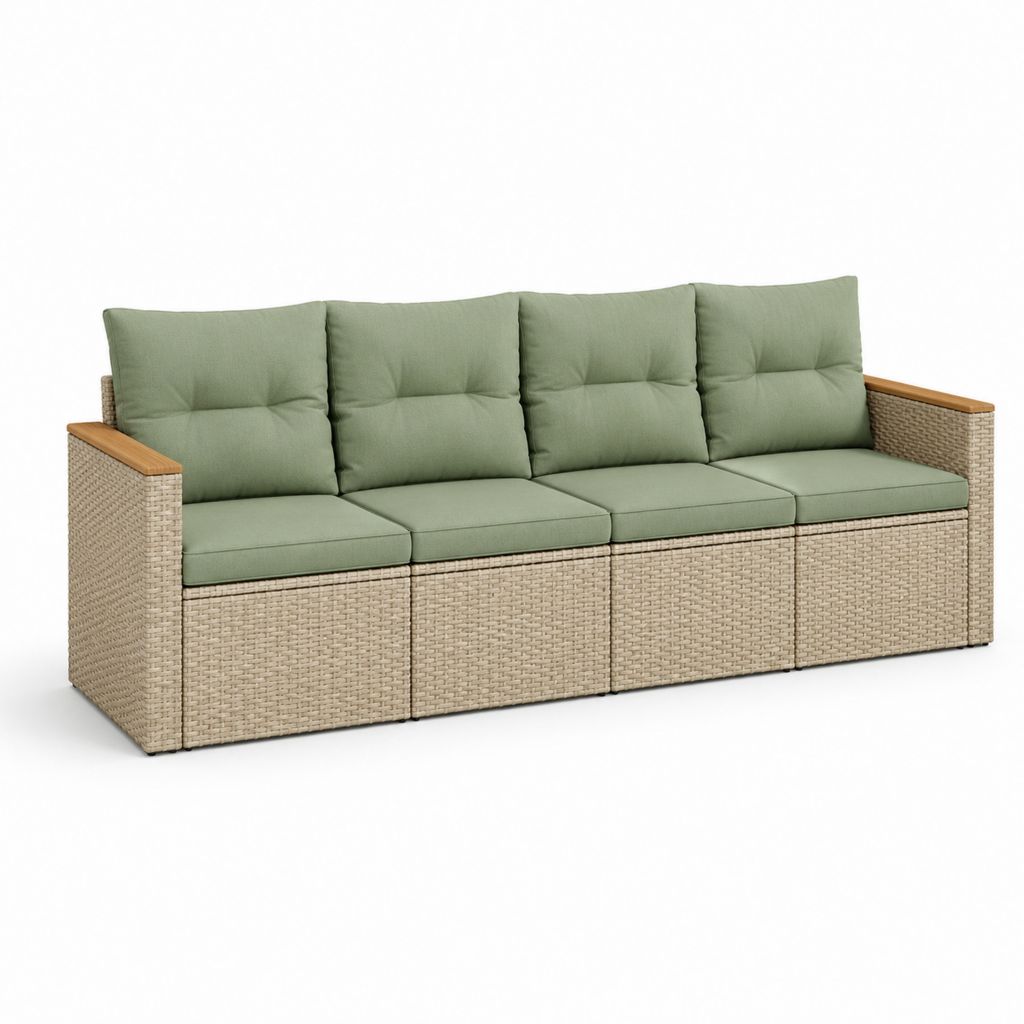 Canapé de jardin 4 places beige et vert en résine tressée avec coussins 280 x 75 x 85 cm
