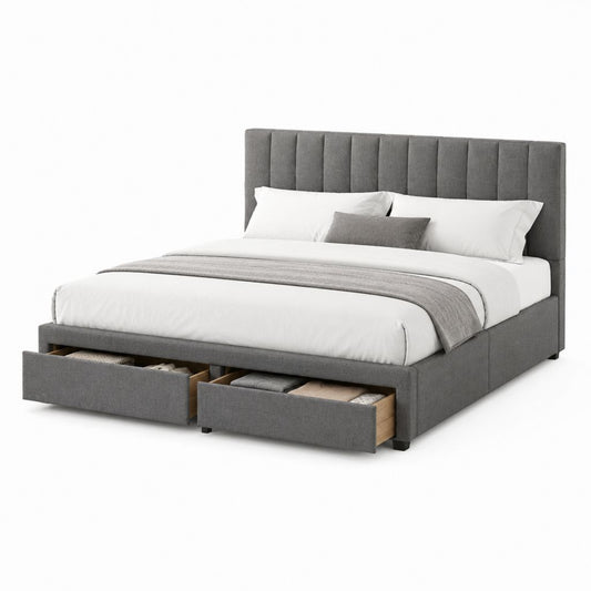 Lit double avec rangement gris en polyester 160 x 200 cm