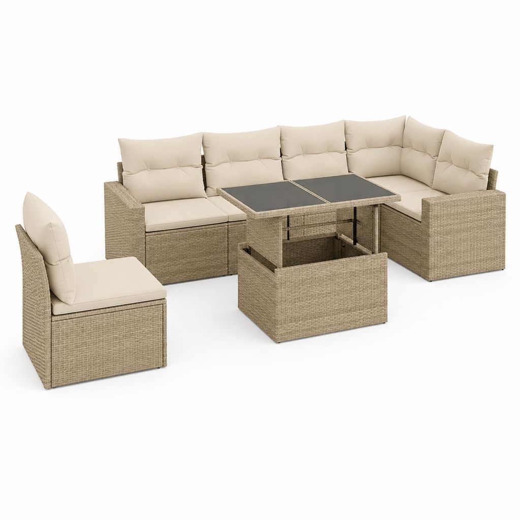 Salon de jardin modulable 5 places beige en résine tressée PE avec table relevable 280 x 210 cm