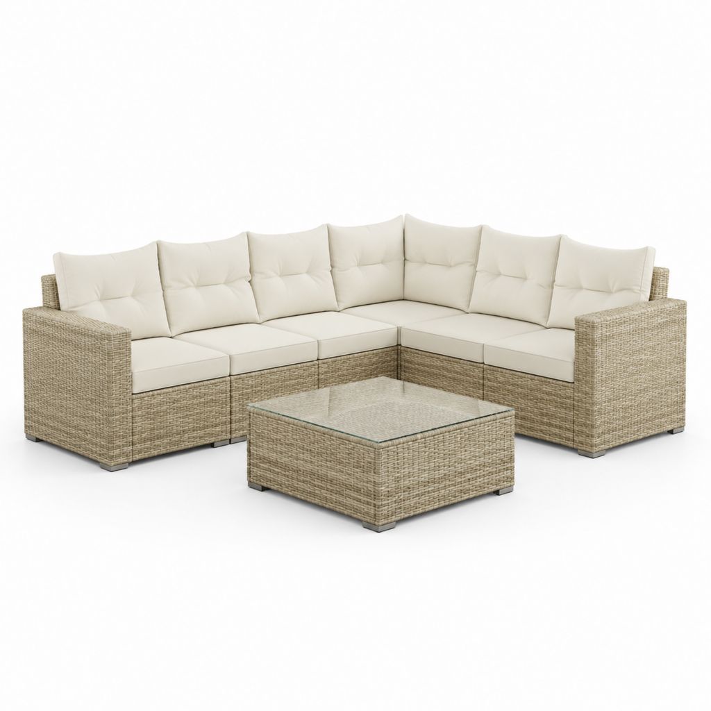 Salon de jardin d'angle 6 places beige en résine tressée PE avec coussins en polyester et table basse 250 x 250 x 70 cm