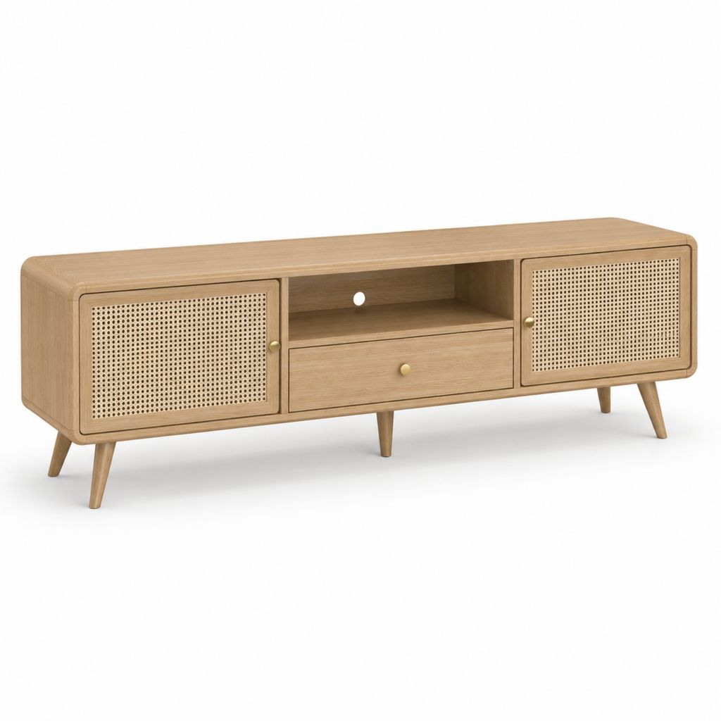 Meuble TV rectangulaire en MDF plaqué chêne avec cannage en rotin naturel 160 x 40 x 55 cm