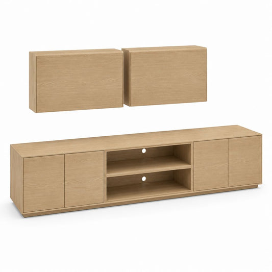 Ensemble meuble TV mural 3 pièces chêne clair en panneaux de particules 180 x 40 x 45 cm avec 2 meubles suspendus 80 x 35 x 40 cm