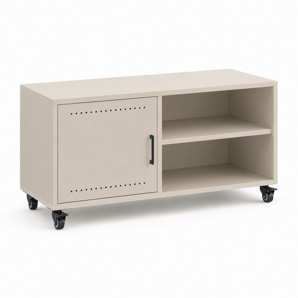 Meuble TV à roulettes beige en acier rectangulaire 100 x 45 x 60 cm