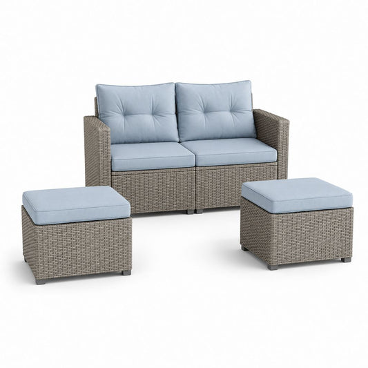 Salon de jardin 4 pièces avec canapé 2 places et 2 poufs gris en rotin PE 124 x 70 x 74 cm