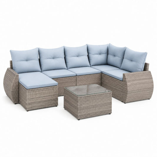 Salon de jardin d'angle 5 places gris beige en rotin PE avec coussins bleu clair et table basse 280 x 210 cm