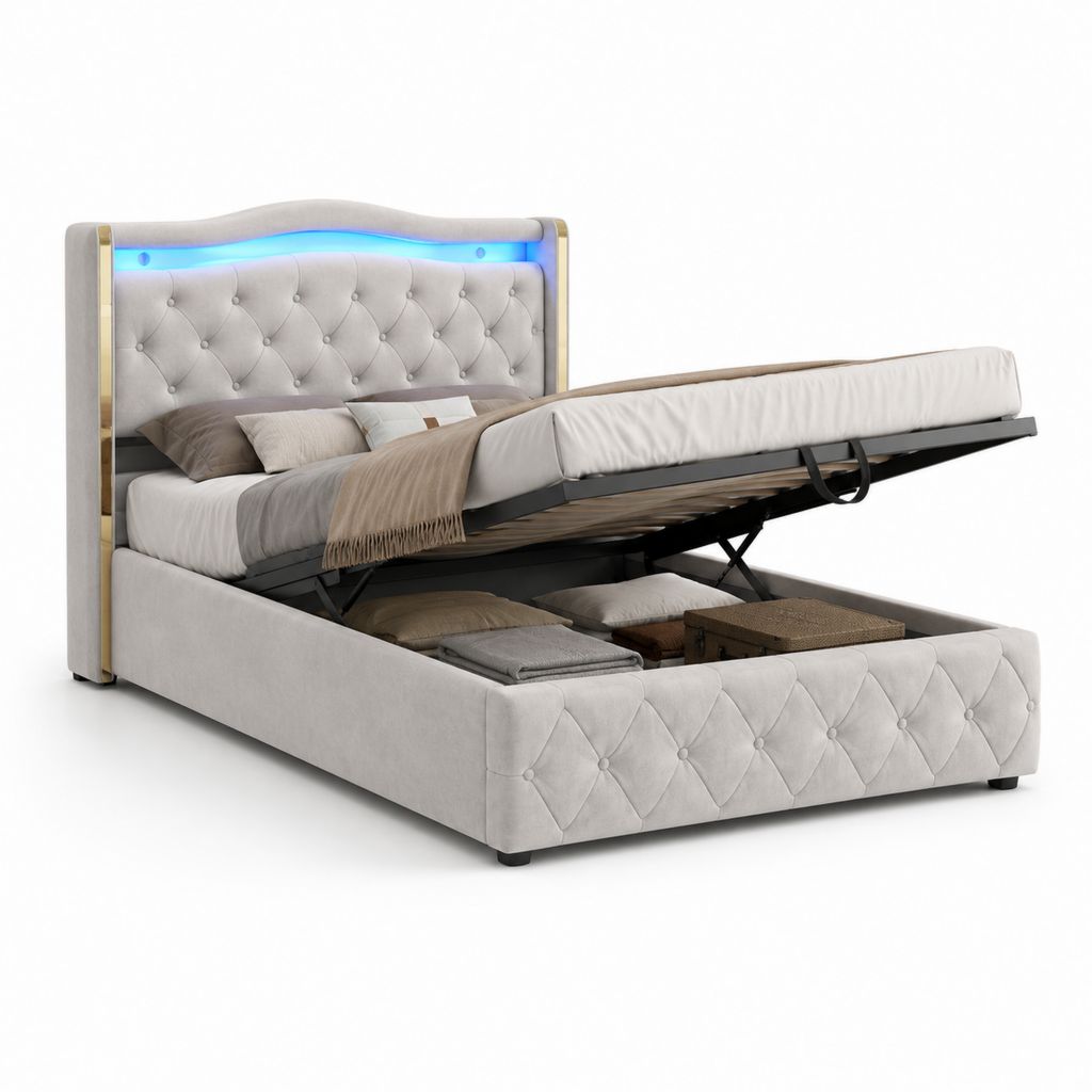 Lit coffre 160 x 200 cm gris clair en velours polyester avec éclairage LED