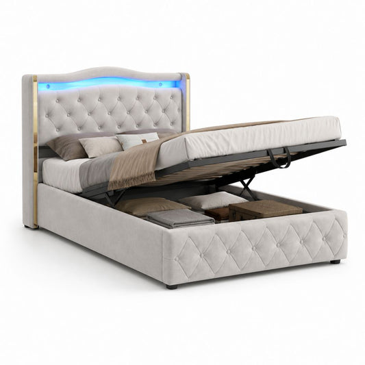Lit coffre 160 x 200 cm gris clair en velours polyester avec éclairage LED