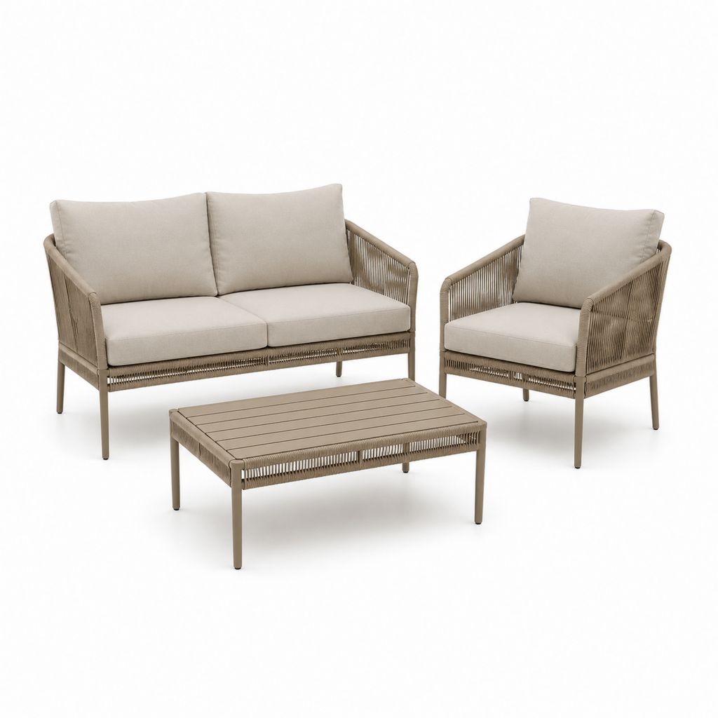 Salon de jardin 4 pièces beige en aluminium et corde PE avec canapé 2 places fauteuil et table basse 110 x 60 cm